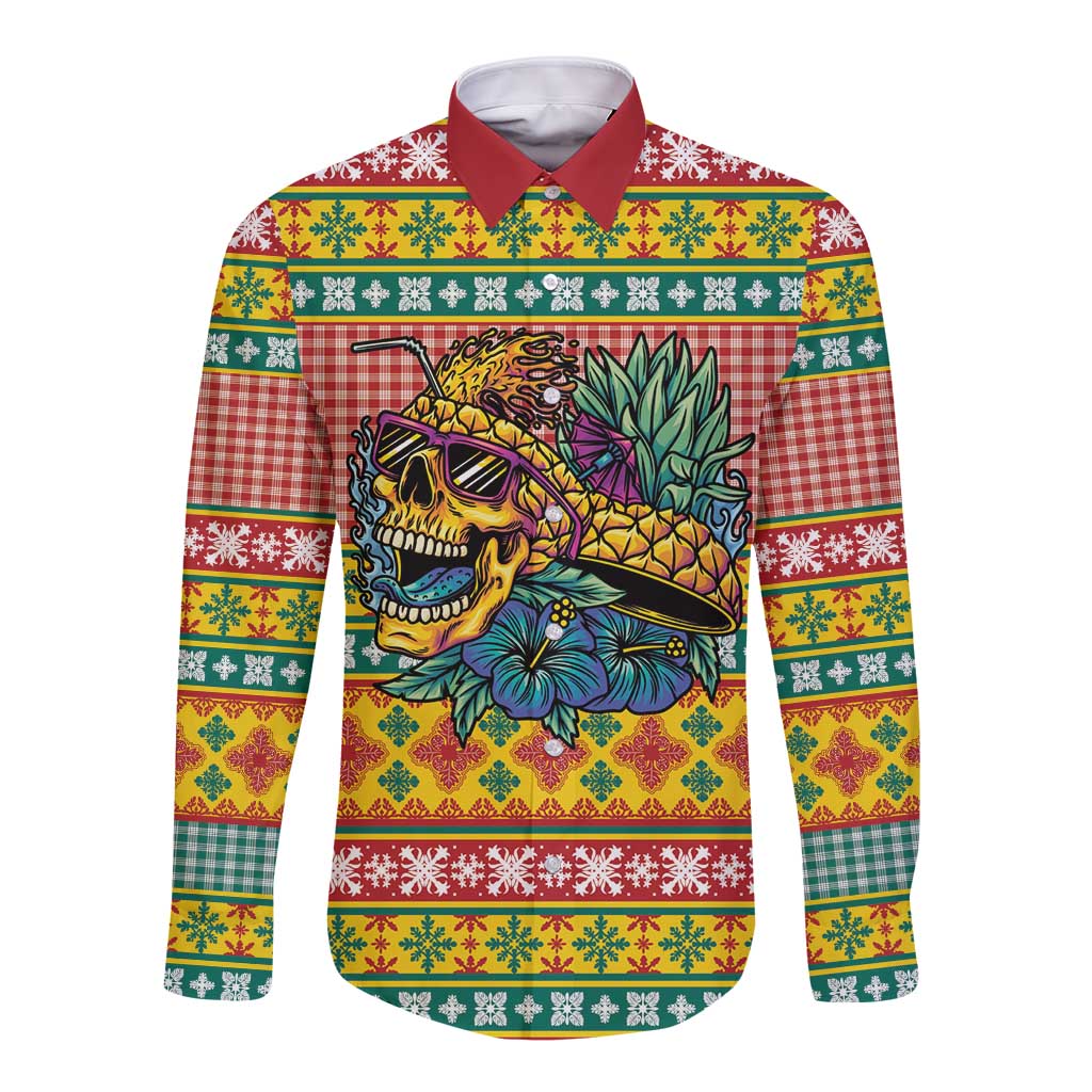 Hawaiian Pineapples Skull Long Sleeve Button Shirt Mele Kalikimaka Palaka Quilt Pattern LT9 Unisex Yellow - Polynesian Pride
