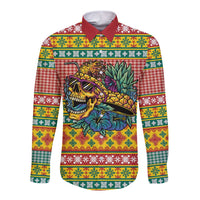 Hawaiian Pineapples Skull Long Sleeve Button Shirt Mele Kalikimaka Palaka Quilt Pattern LT9 Unisex Yellow - Polynesian Pride