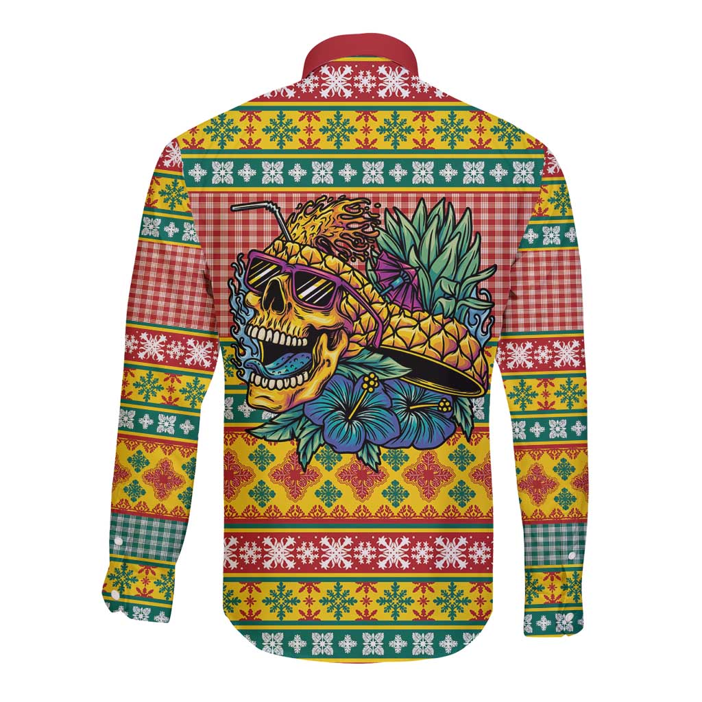 Hawaiian Pineapples Skull Long Sleeve Button Shirt Mele Kalikimaka Palaka Quilt Pattern LT9 - Polynesian Pride