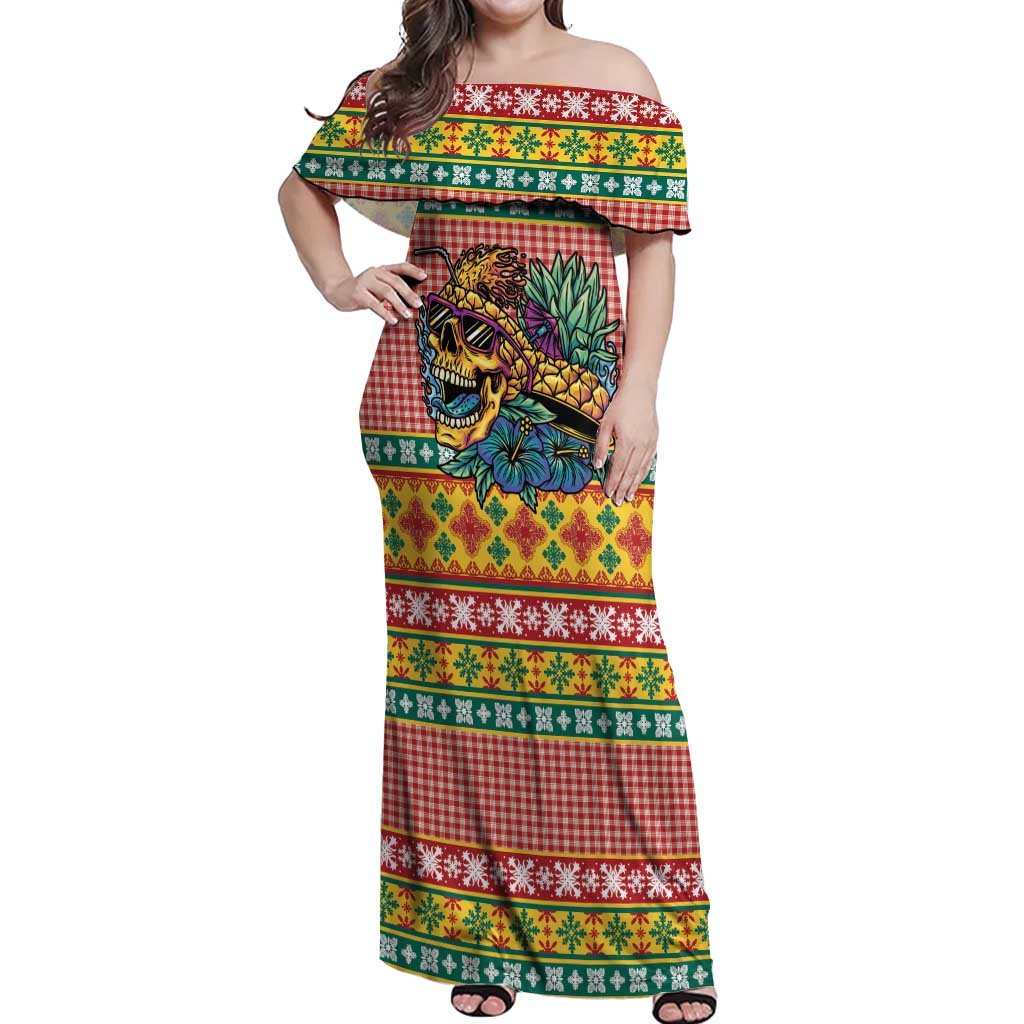 Hawaiian Pineapples Skull Off Shoulder Maxi Dress Mele Kalikimaka Palaka Quilt Pattern LT9 Women Yellow - Polynesian Pride