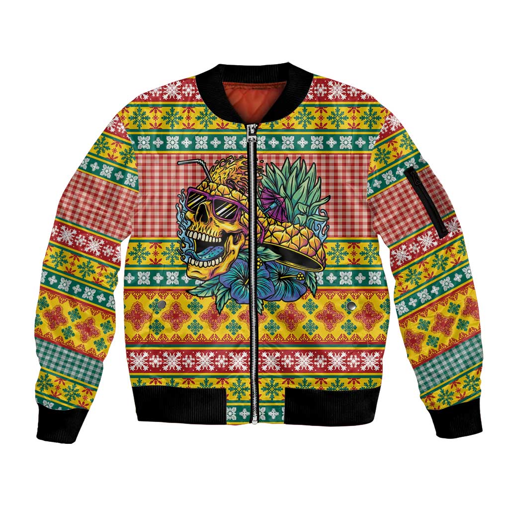 Hawaiian Pineapples Skull Sleeve Zip Bomber Jacket Mele Kalikimaka Palaka Quilt Pattern LT9 Unisex Yellow - Polynesian Pride