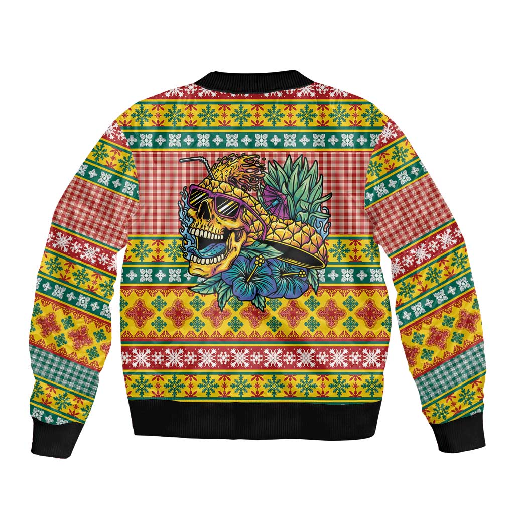 Hawaiian Pineapples Skull Sleeve Zip Bomber Jacket Mele Kalikimaka Palaka Quilt Pattern LT9 - Polynesian Pride