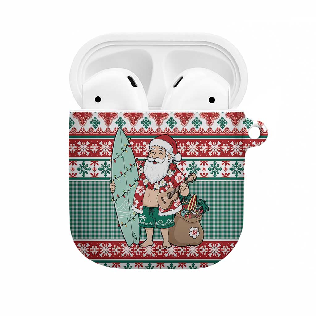 Hawaiian Funny Santa Surf AirPods Case Mele Kalikimaka Palaka Quilt Pattern LT9 Green - Polynesian Pride