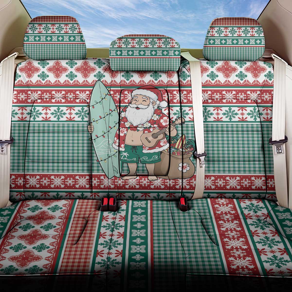 Hawaiian Funny Santa Surf Back Car Seat Cover Mele Kalikimaka Palaka Quilt Pattern LT9 One Size Green - Polynesian Pride