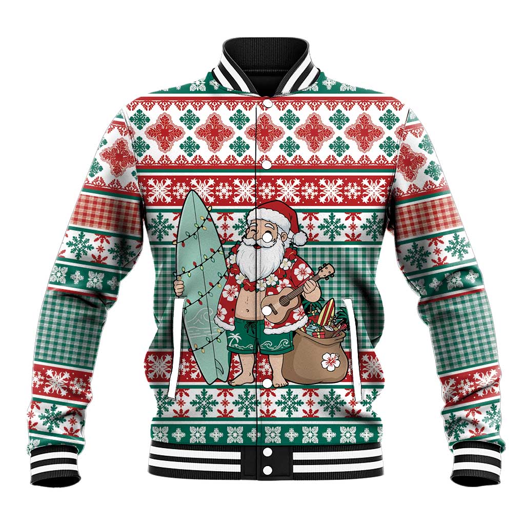 Hawaiian Funny Santa Surf Baseball Jacket Mele Kalikimaka Palaka Quilt Pattern LT9 Unisex Green - Polynesian Pride