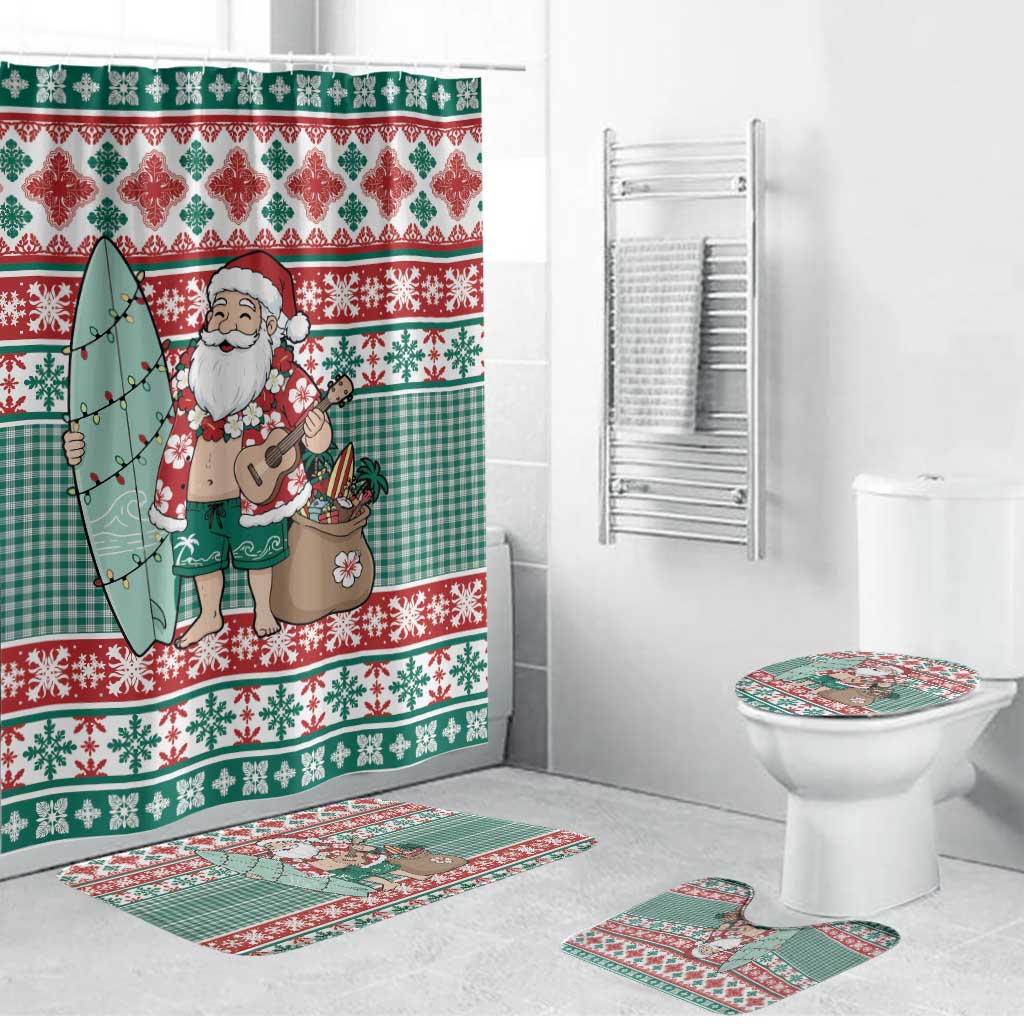 Hawaiian Funny Santa Surf Bathroom Set Mele Kalikimaka Palaka Quilt Pattern LT9 Bathroom Set (4 pcs) Green - Polynesian Pride