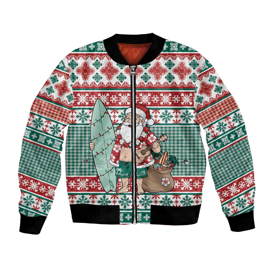 Hawaiian Funny Santa Surf Bomber Jacket Mele Kalikimaka Palaka Quilt Pattern LT9 Unisex Green - Polynesian Pride