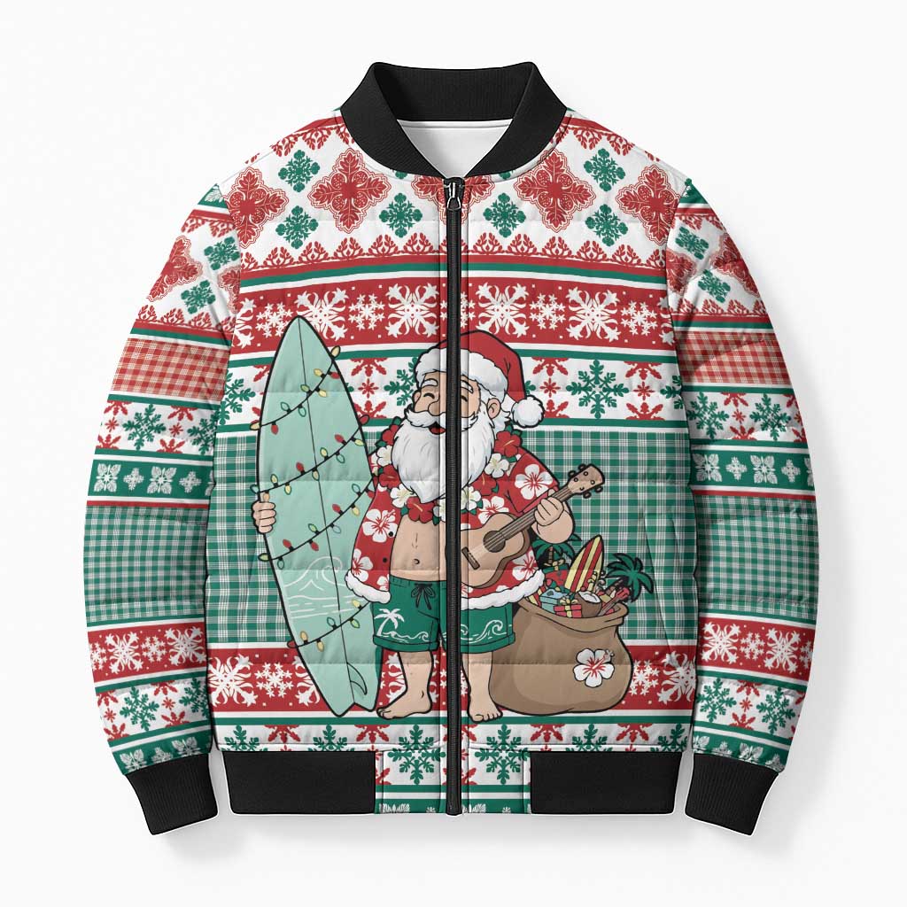 Hawaiian Funny Santa Surf Bomber Puffer Jacket Mele Kalikimaka Palaka Quilt Pattern LT9 Unisex Green - Polynesian Pride