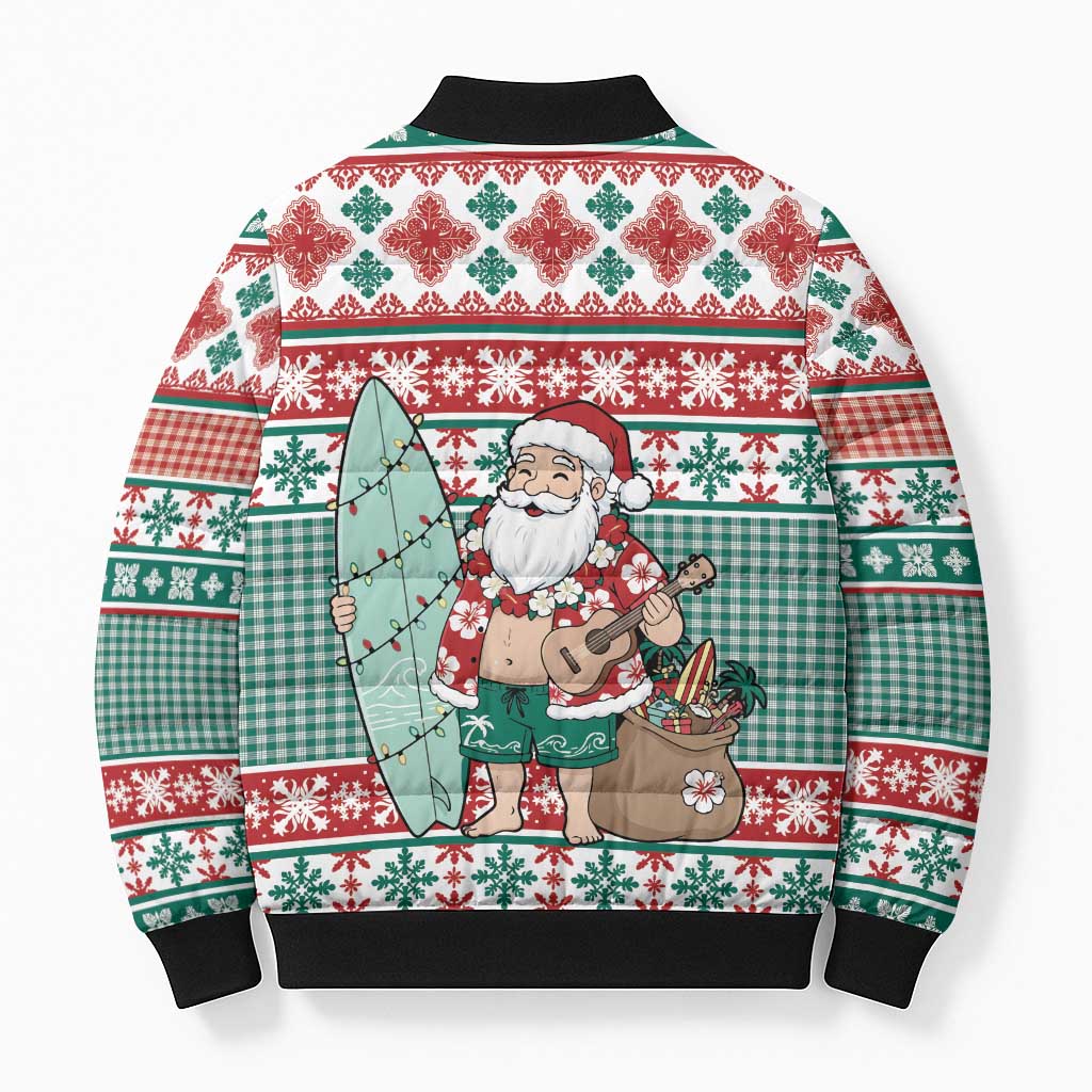 Hawaiian Funny Santa Surf Bomber Puffer Jacket Mele Kalikimaka Palaka Quilt Pattern LT9 - Polynesian Pride