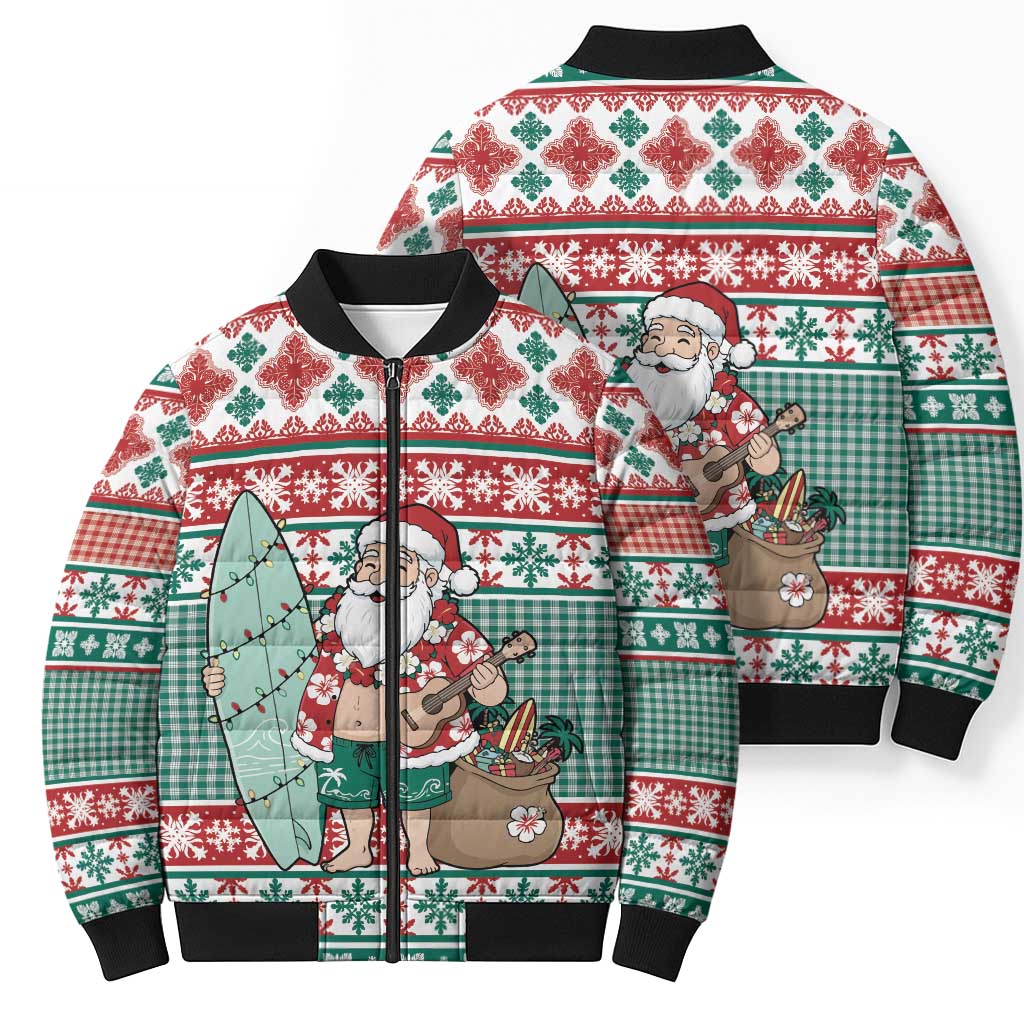 Hawaiian Funny Santa Surf Bomber Puffer Jacket Mele Kalikimaka Palaka Quilt Pattern LT9 - Polynesian Pride