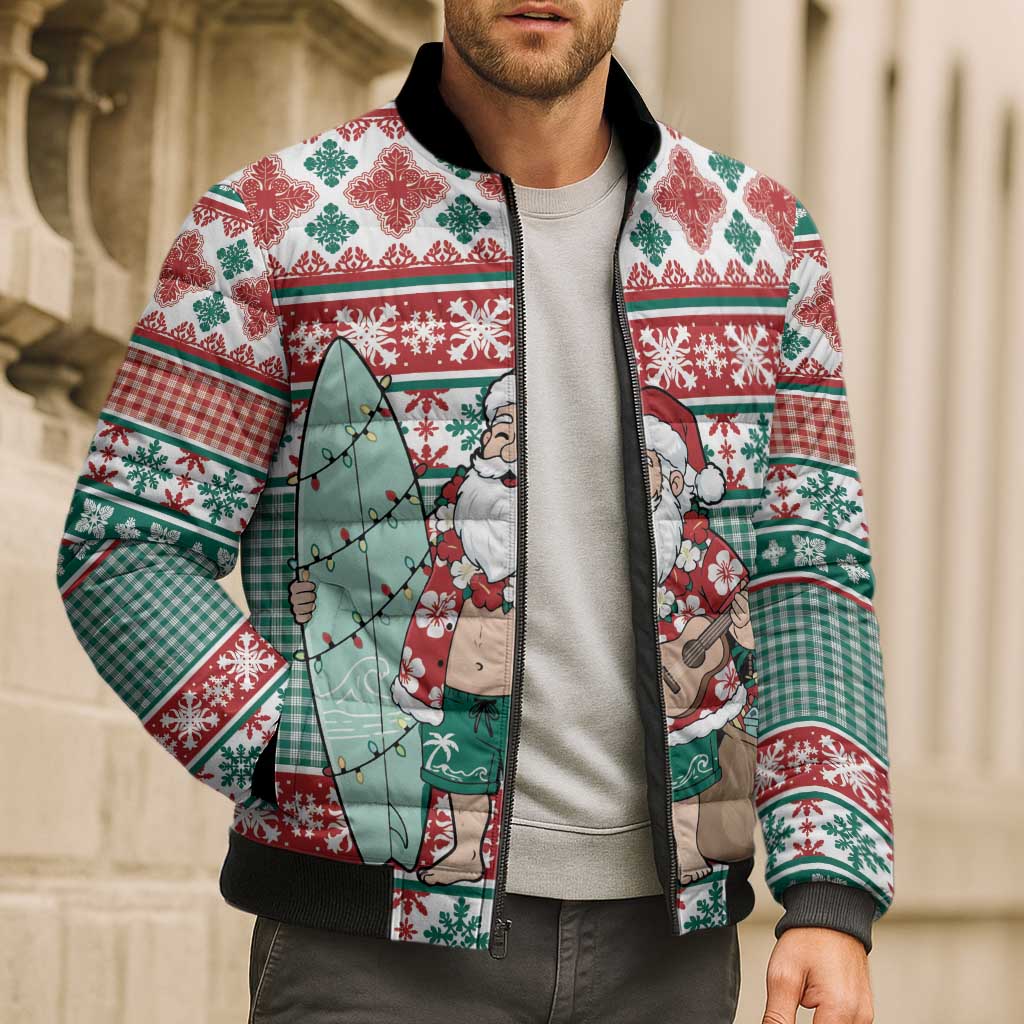 Hawaiian Funny Santa Surf Bomber Puffer Jacket Mele Kalikimaka Palaka Quilt Pattern LT9 - Polynesian Pride