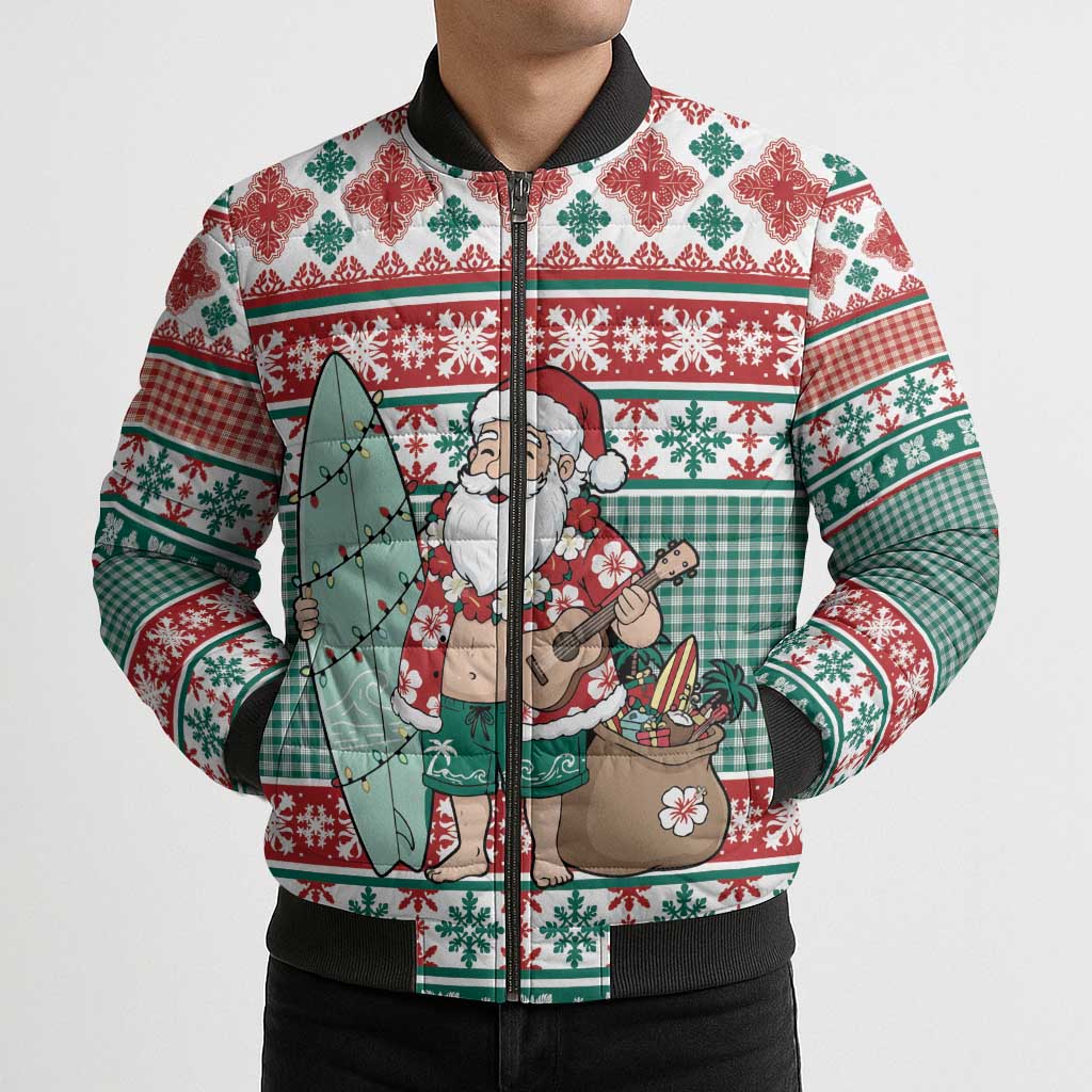 Hawaiian Funny Santa Surf Bomber Puffer Jacket Mele Kalikimaka Palaka Quilt Pattern LT9 - Polynesian Pride