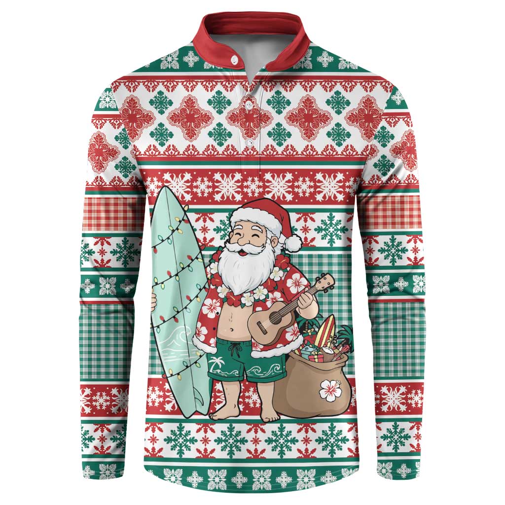 Hawaiian Funny Santa Surf Button Sweatshirt Mele Kalikimaka Palaka Quilt Pattern LT9 Green - Polynesian Pride