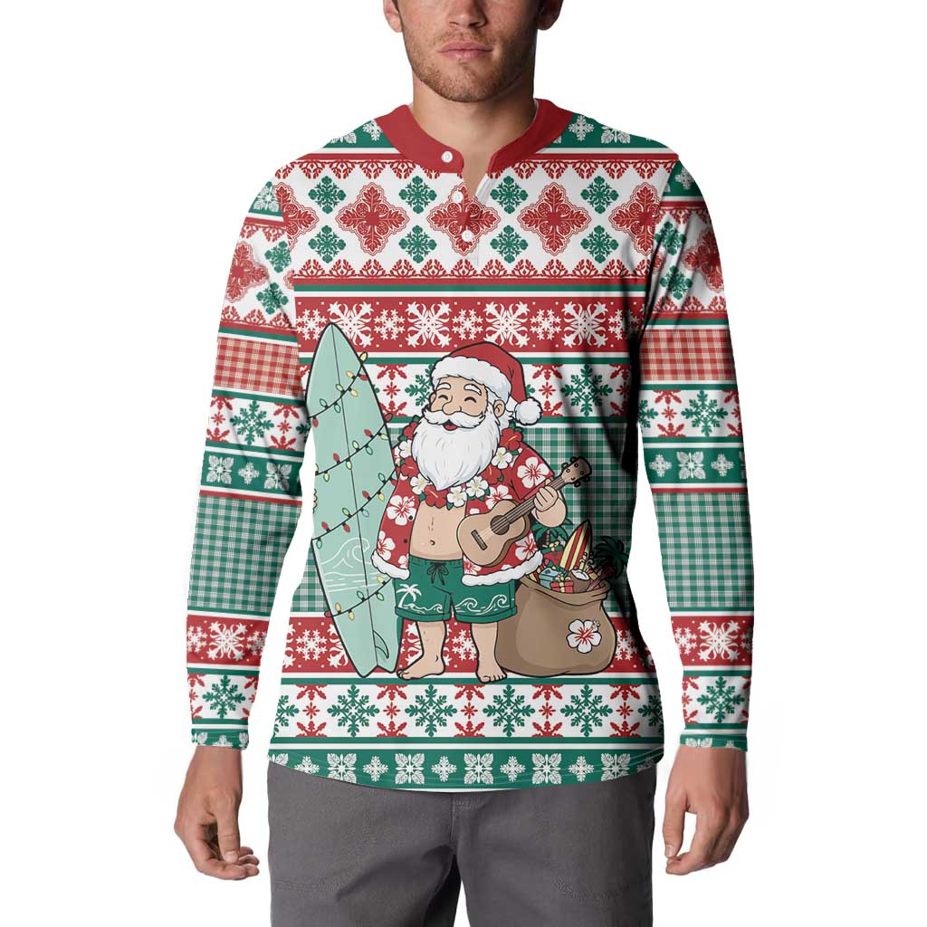 Hawaiian Funny Santa Surf Button Sweatshirt Mele Kalikimaka Palaka Quilt Pattern LT9 - Polynesian Pride