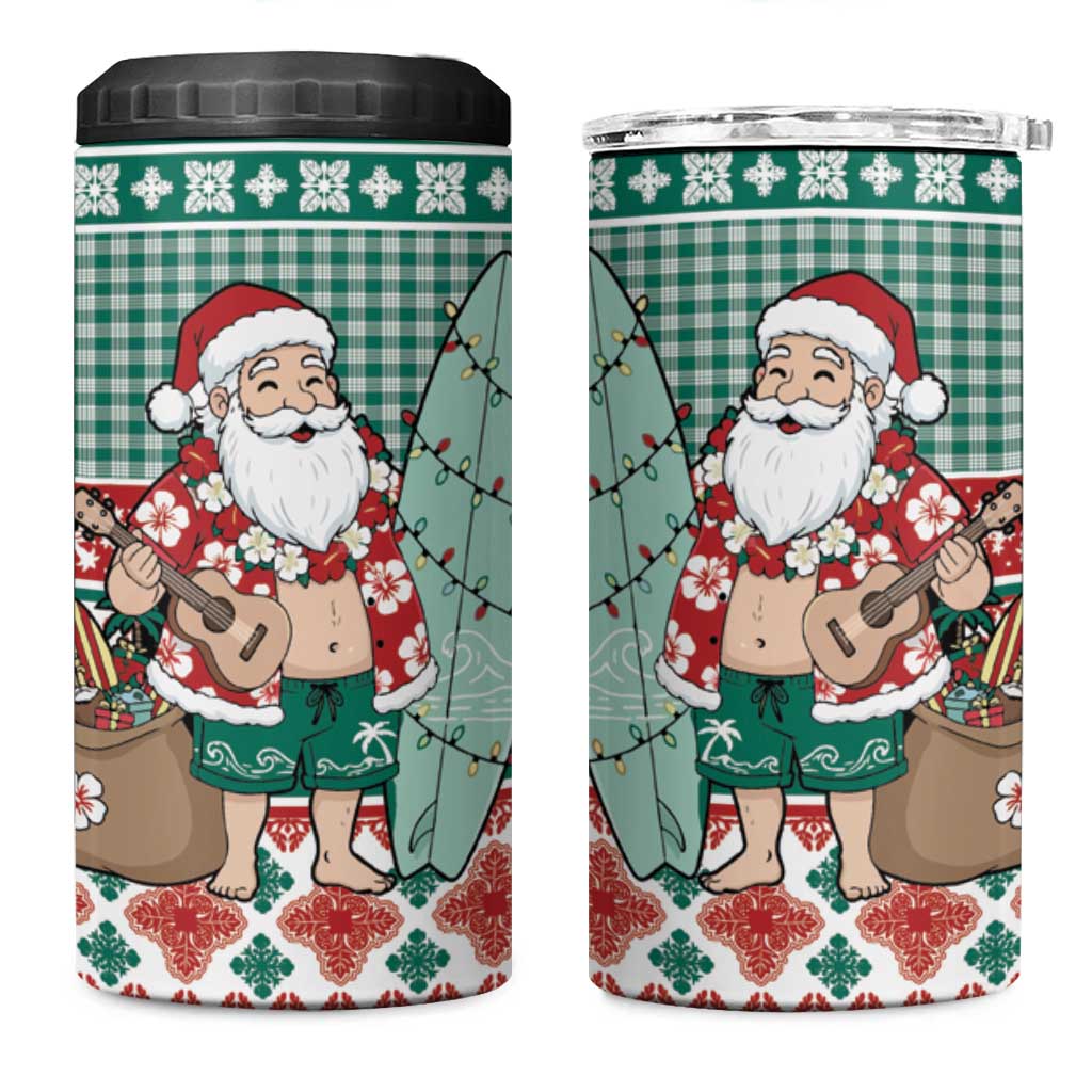 Hawaiian Funny Santa Surf 4 in 1 Can Cooler Tumbler Mele Kalikimaka Palaka Quilt Pattern LT9 One Size: 16 oz Green - Polynesian Pride