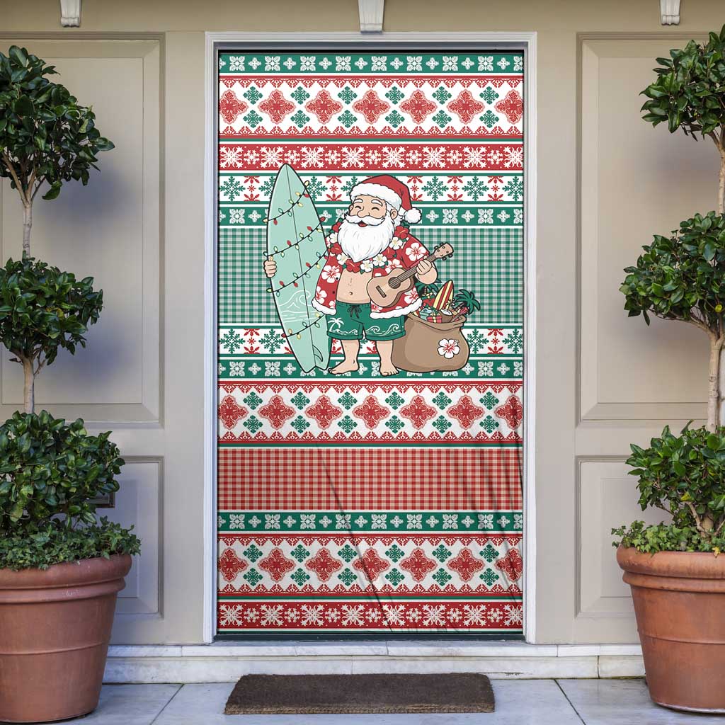 Hawaiian Funny Santa Surf Door Cover Mele Kalikimaka Palaka Quilt Pattern LT9 Green - Polynesian Pride