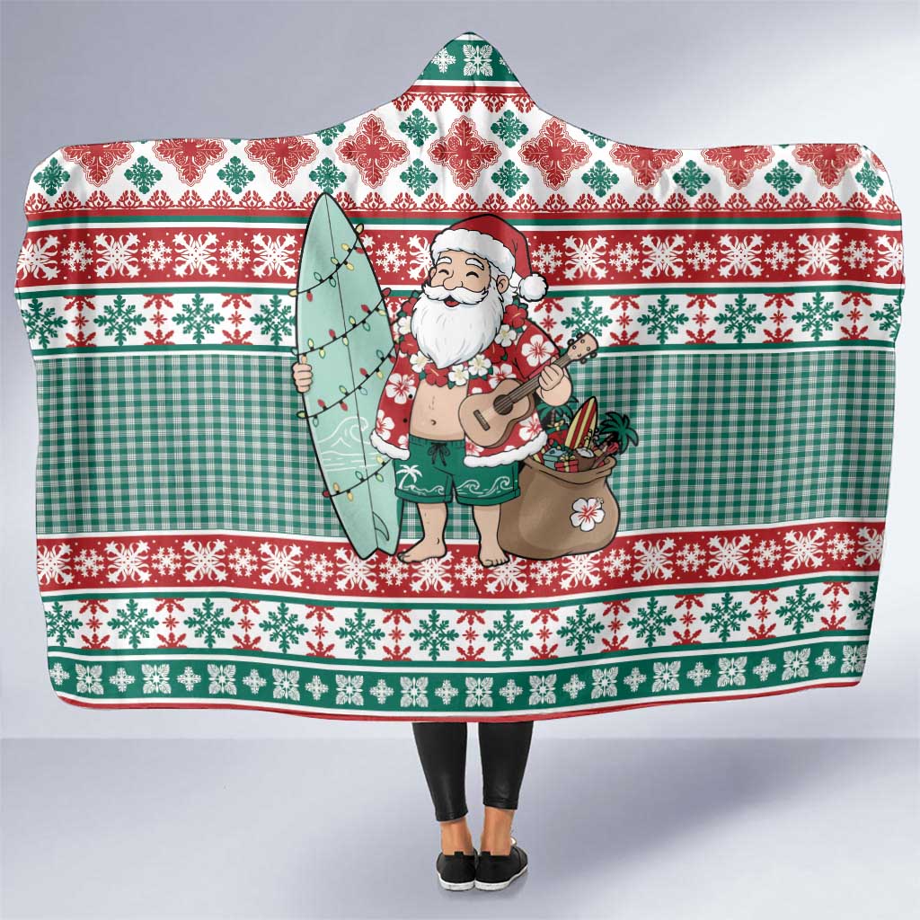 Hawaiian Funny Santa Surf Hooded Blanket Mele Kalikimaka Palaka Quilt Pattern LT9 One Size Green - Polynesian Pride