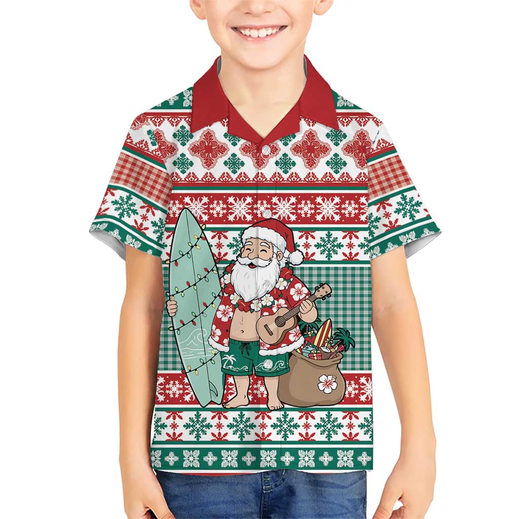 Hawaiian Funny Santa Surf Kid Hawaiian Shirt Mele Kalikimaka Palaka Quilt Pattern LT9 Kid Green - Polynesian Pride