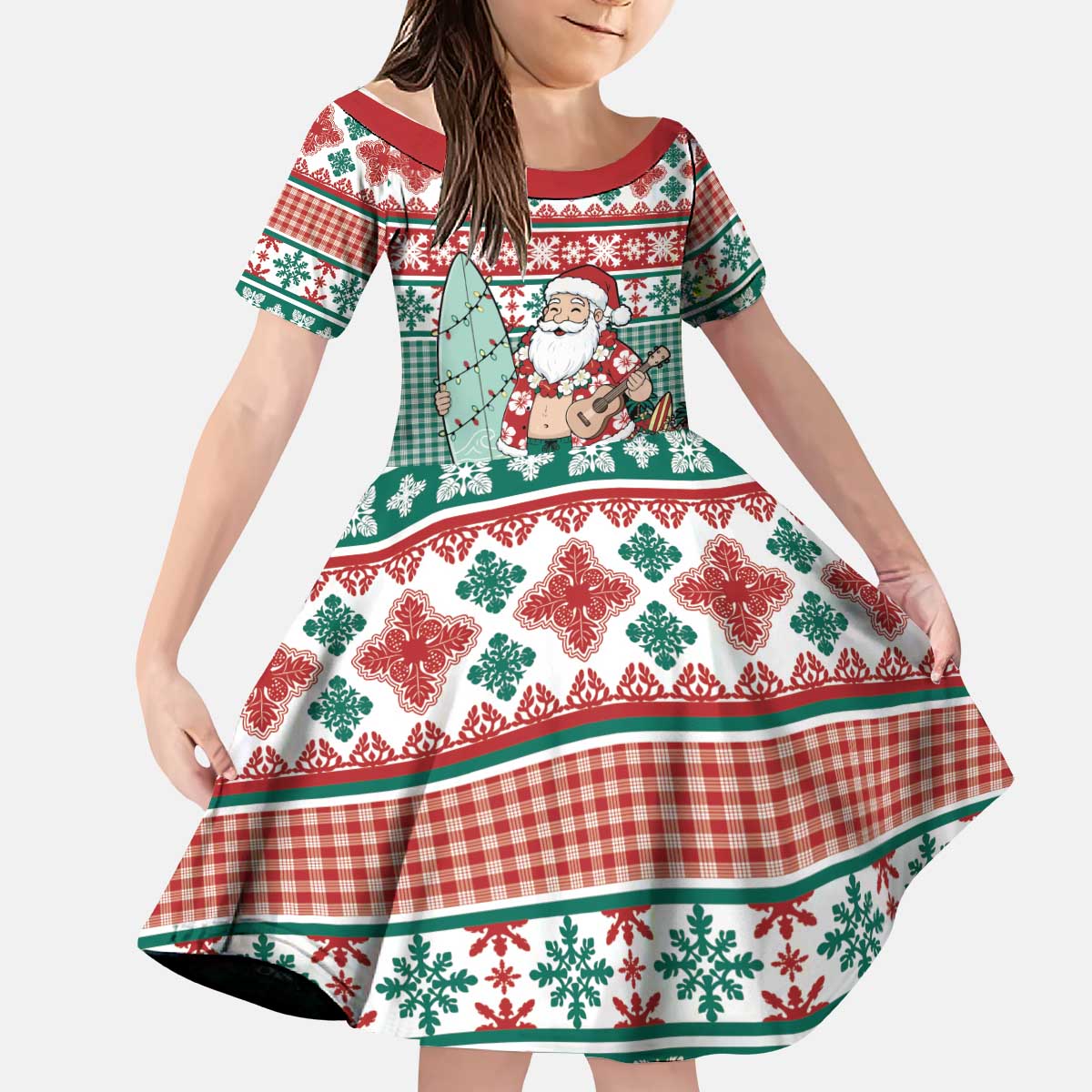 Hawaiian Funny Santa Surf Kid Short Sleeve Dress Mele Kalikimaka Palaka Quilt Pattern LT9 KID Green - Polynesian Pride