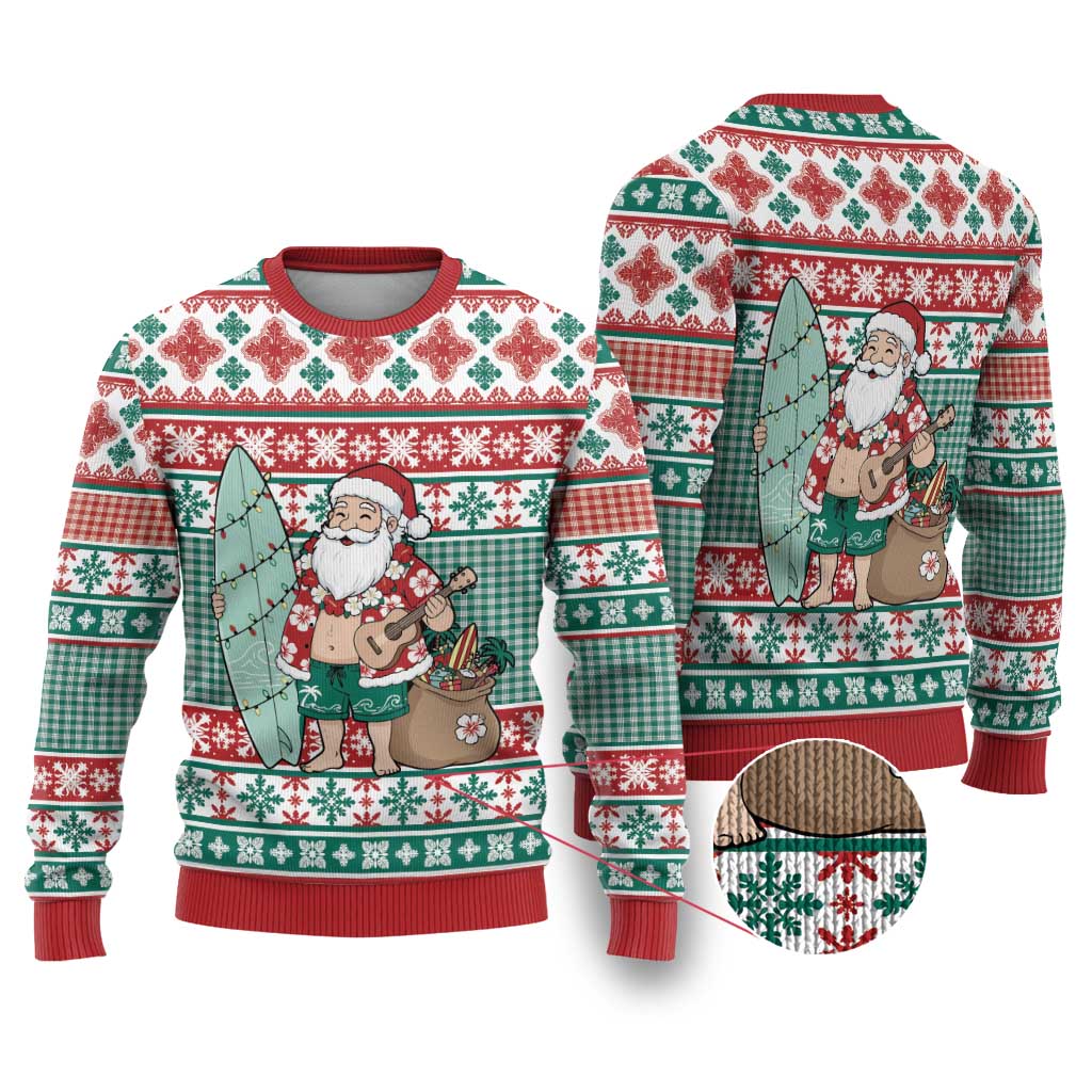 Hawaiian Funny Santa Surf Ugly Christmas Sweater - Mele Kalikimaka Palaka Quilt Pattern LT9 Green - Polynesian Pride