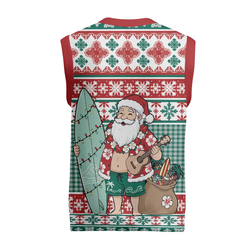 Hawaiian Funny Santa Surf Christmas Knitted V-Neck Vest Mele Kalikimaka Palaka Quilt Pattern LT9 - Polynesian Pride