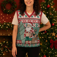 Hawaiian Funny Santa Surf Christmas Knitted V-Neck Vest Mele Kalikimaka Palaka Quilt Pattern LT9 - Polynesian Pride