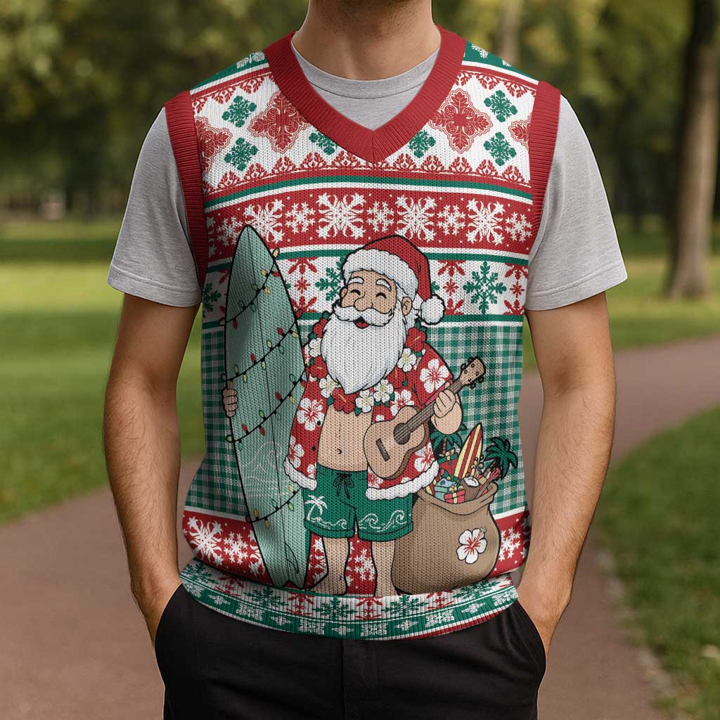 Hawaiian Funny Santa Surf Christmas Knitted V-Neck Vest Mele Kalikimaka Palaka Quilt Pattern LT9 - Polynesian Pride