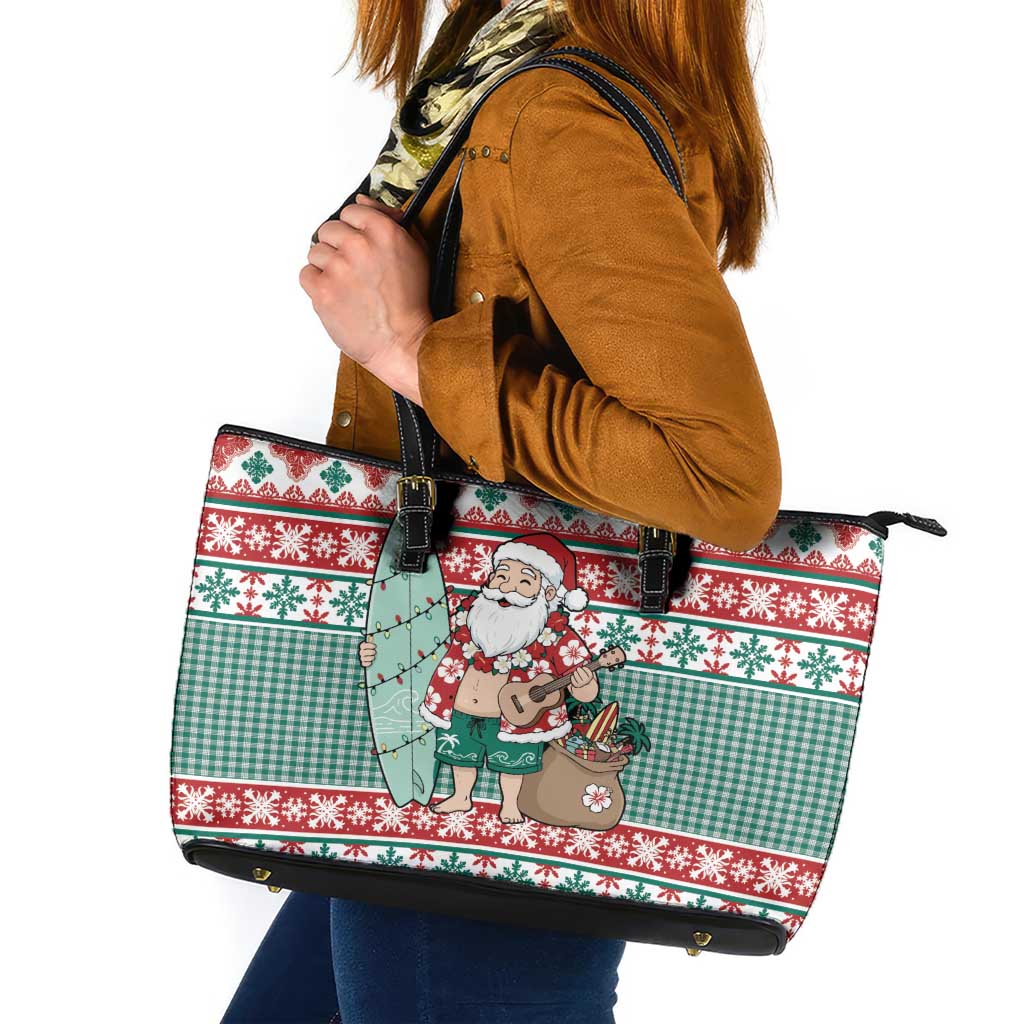 Hawaiian Funny Santa Surf Leather Tote Bag Mele Kalikimaka Palaka Quilt Pattern LT9 Green - Polynesian Pride