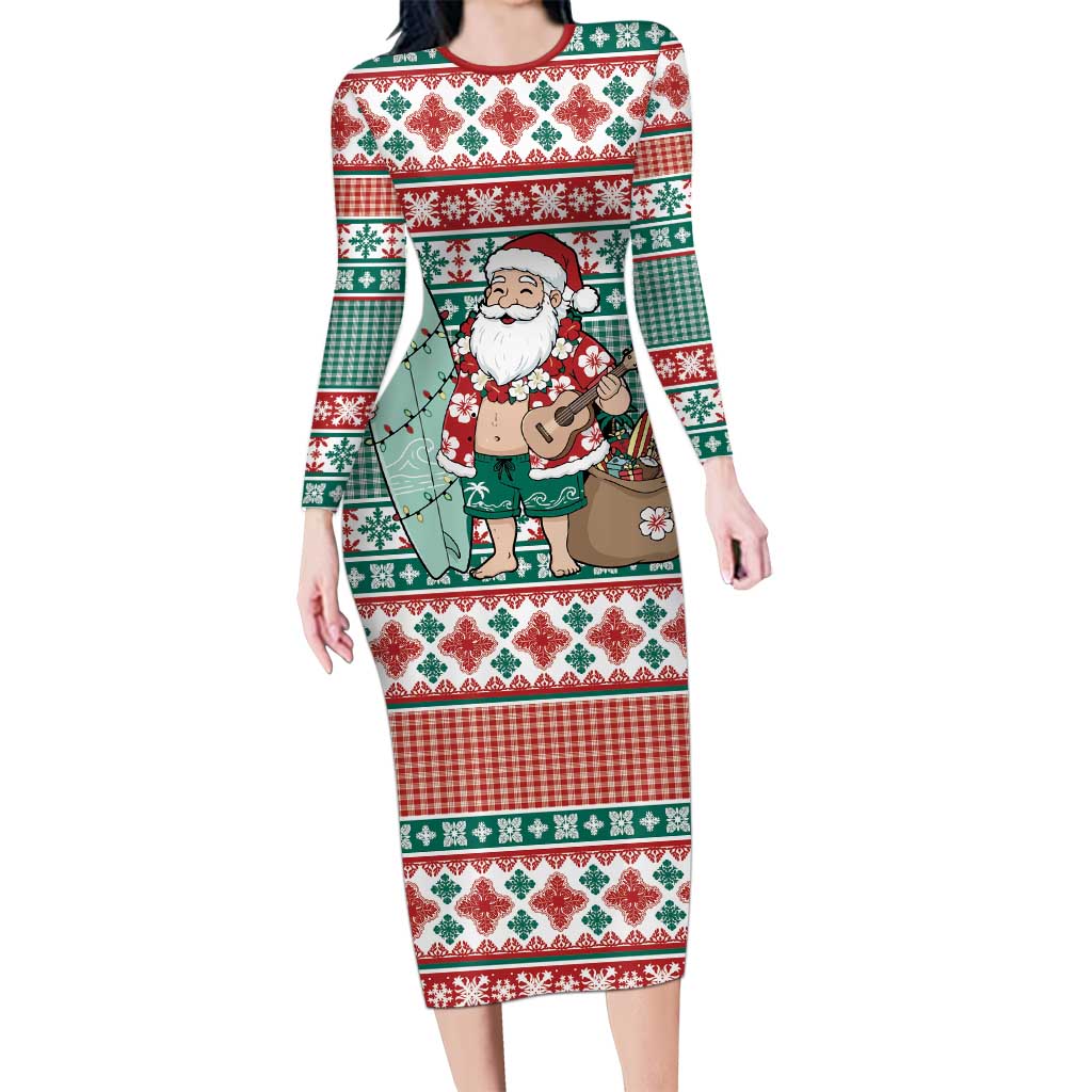 Hawaiian Funny Santa Surf Long Sleeve Bodycon Dress Mele Kalikimaka Palaka Quilt Pattern LT9 Long Dress Green - Polynesian Pride