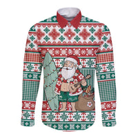 Hawaiian Funny Santa Surf Long Sleeve Button Shirt Mele Kalikimaka Palaka Quilt Pattern LT9 Unisex Green - Polynesian Pride