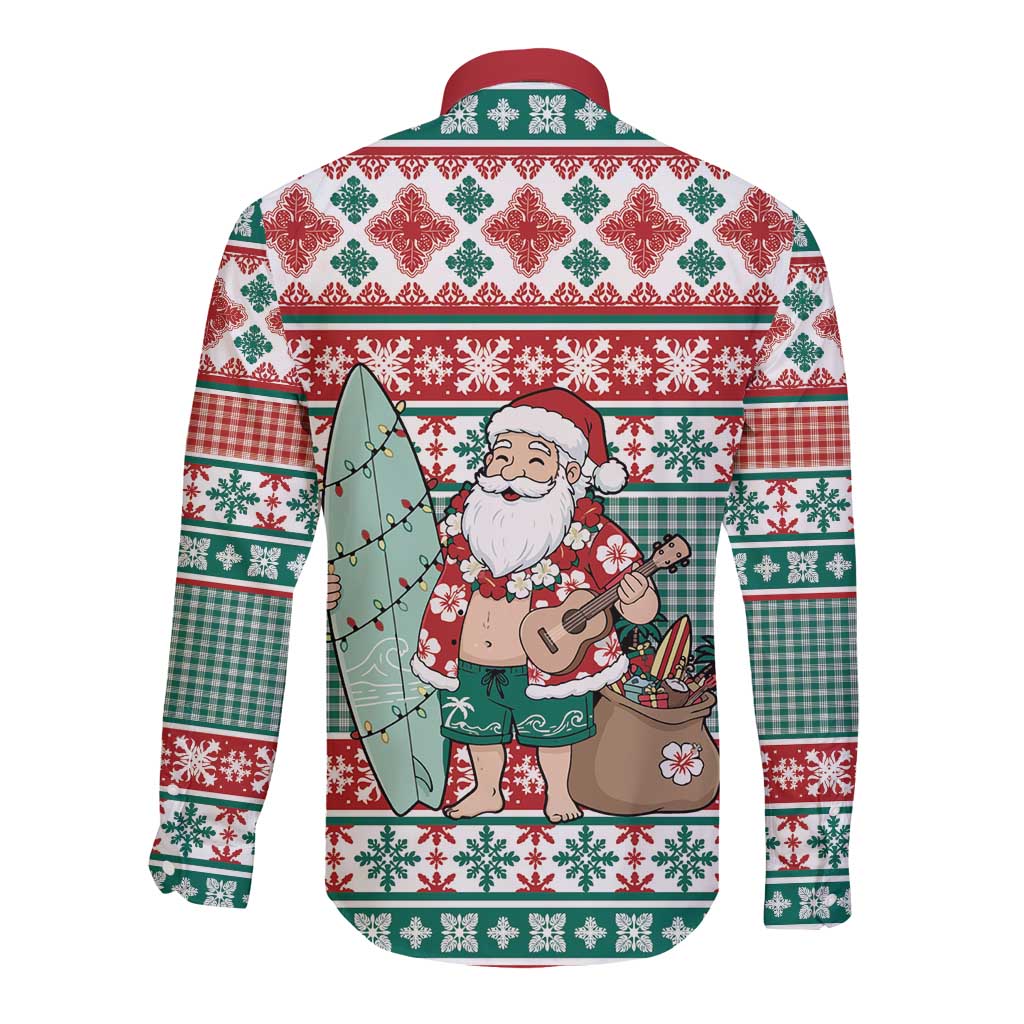 Hawaiian Funny Santa Surf Long Sleeve Button Shirt Mele Kalikimaka Palaka Quilt Pattern LT9 - Polynesian Pride