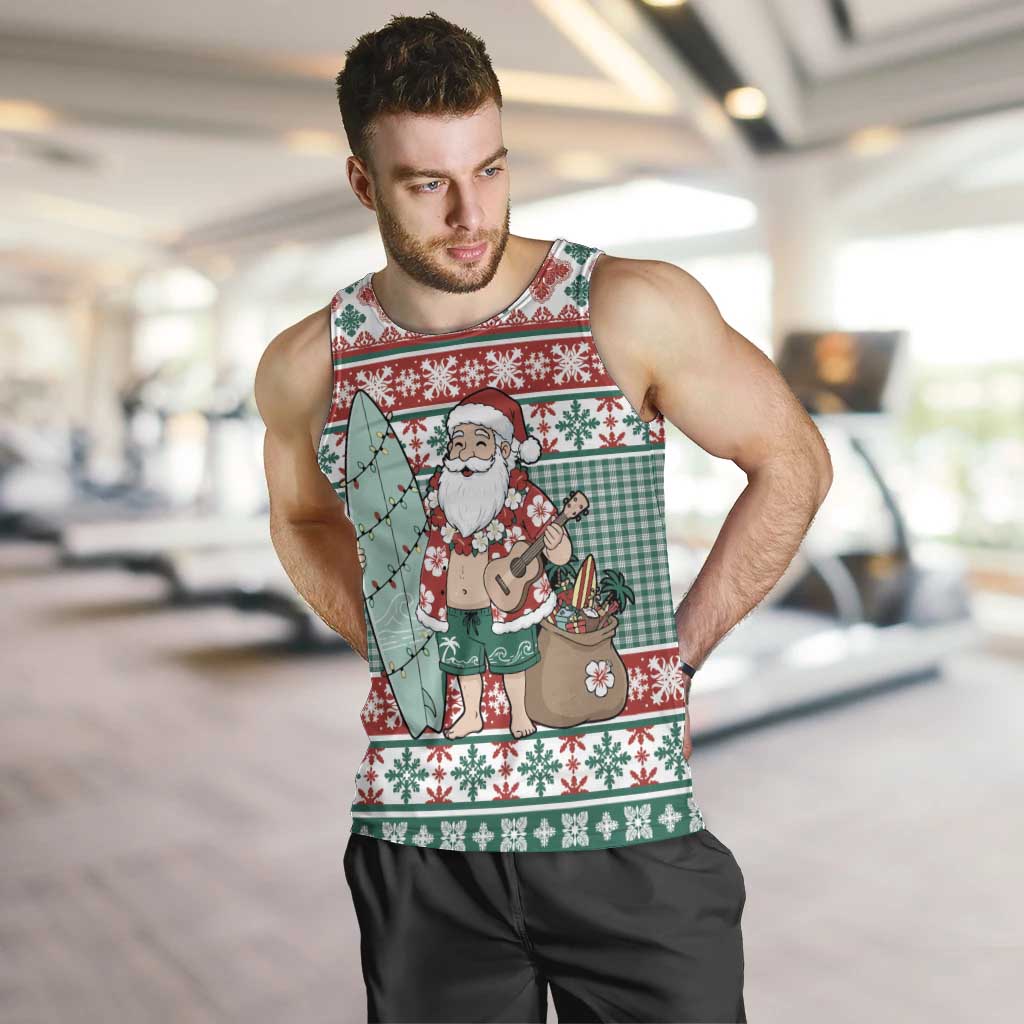 Hawaiian Funny Santa Surf Men Tank Top Mele Kalikimaka Palaka Quilt Pattern LT9 Green - Polynesian Pride