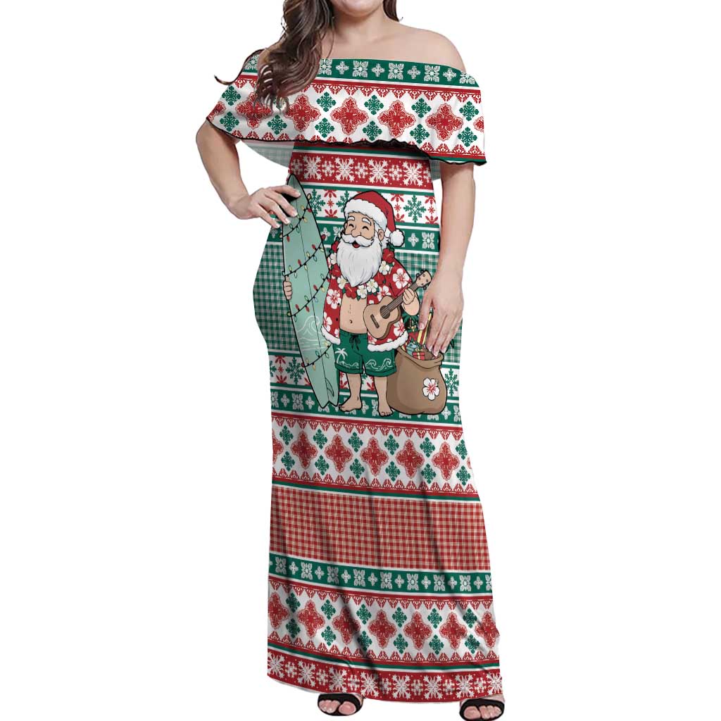 Hawaiian Funny Santa Surf Off Shoulder Maxi Dress Mele Kalikimaka Palaka Quilt Pattern LT9 Women Green - Polynesian Pride