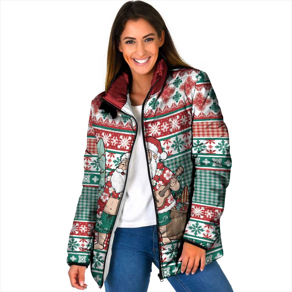 Hawaiian Funny Santa Surf Padded Jacket Mele Kalikimaka Palaka Quilt Pattern LT9 Women Green - Polynesian Pride
