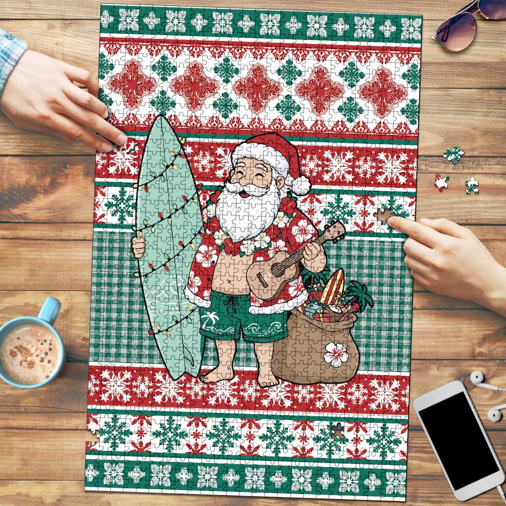 Hawaiian Funny Santa Surf Puzzle Mele Kalikimaka Palaka Quilt Pattern LT9 Green - Polynesian Pride