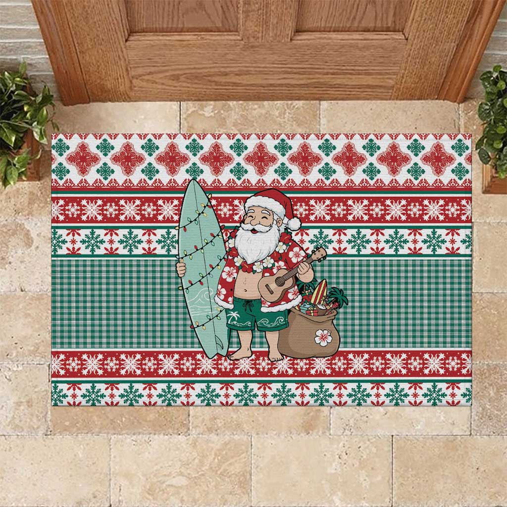Hawaiian Funny Santa Surf Rubber Doormat Mele Kalikimaka Palaka Quilt Pattern LT9 Green - Polynesian Pride