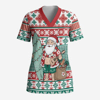 Hawaiian Funny Santa Surf Scrub Top Mele Kalikimaka Palaka Quilt Pattern LT9 Adult Green - Polynesian Pride