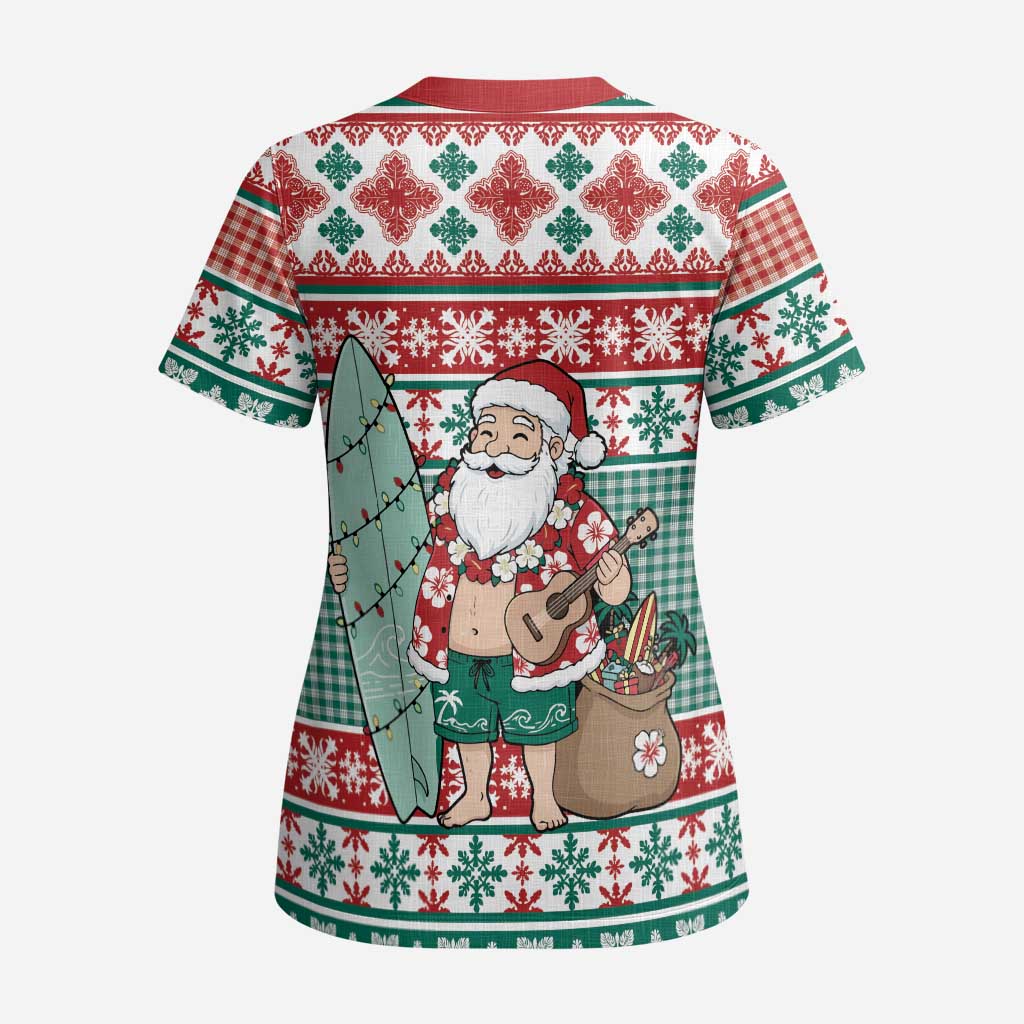 Hawaiian Funny Santa Surf Scrub Top Mele Kalikimaka Palaka Quilt Pattern LT9 - Polynesian Pride