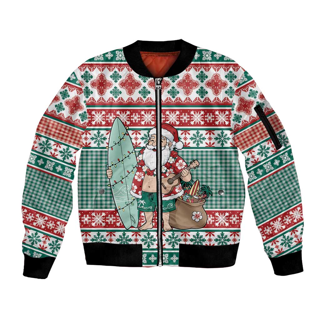 Hawaiian Funny Santa Surf Sleeve Zip Bomber Jacket Mele Kalikimaka Palaka Quilt Pattern LT9 Unisex Green - Polynesian Pride