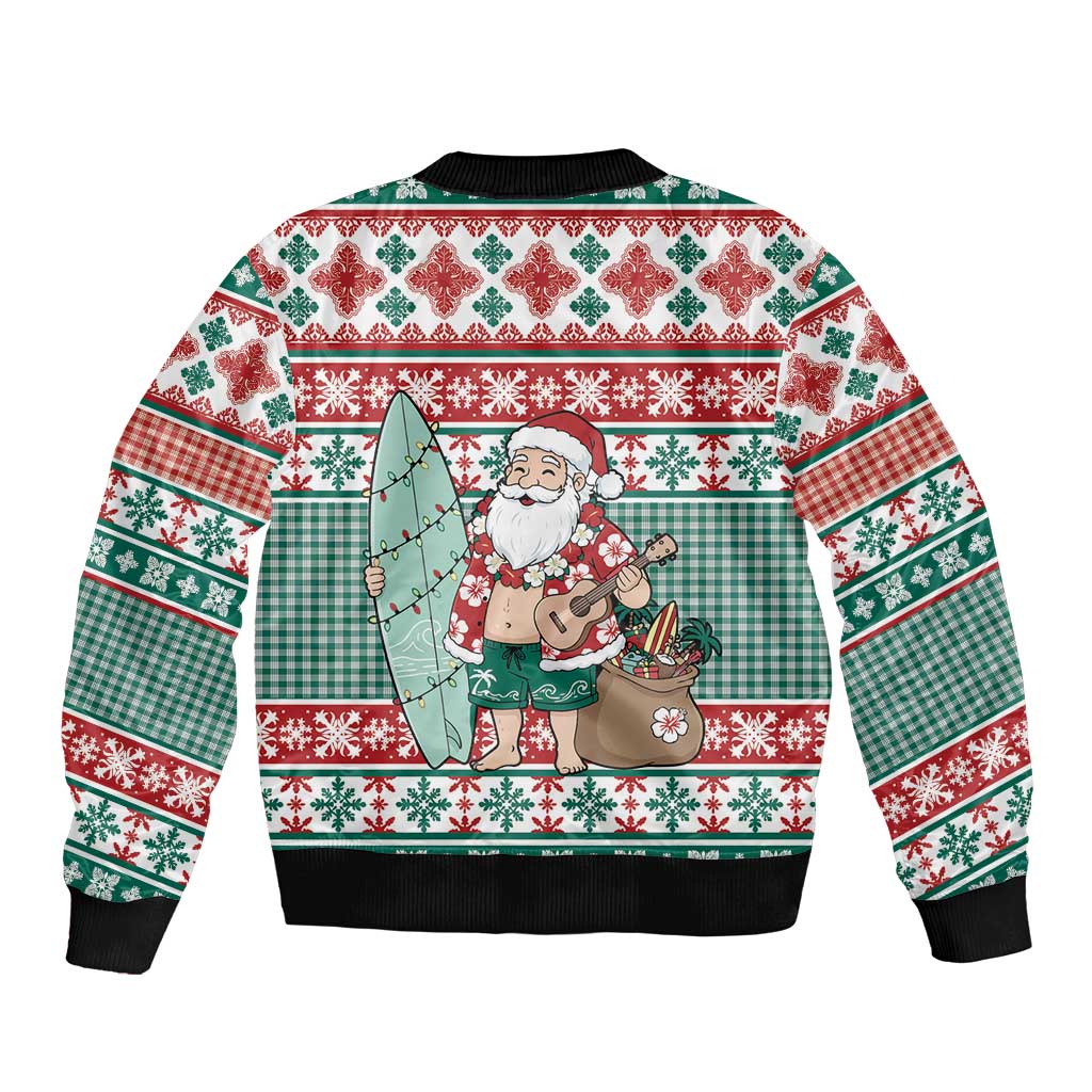 Hawaiian Funny Santa Surf Sleeve Zip Bomber Jacket Mele Kalikimaka Palaka Quilt Pattern LT9 - Polynesian Pride