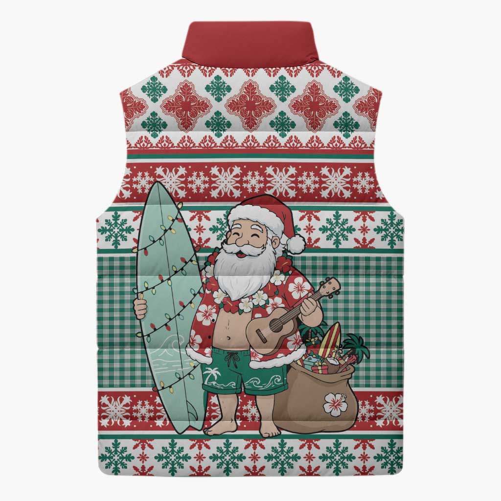 Hawaiian Funny Santa Surf Sleeveless Puffer Jacket Mele Kalikimaka Palaka Quilt Pattern LT9 - Polynesian Pride