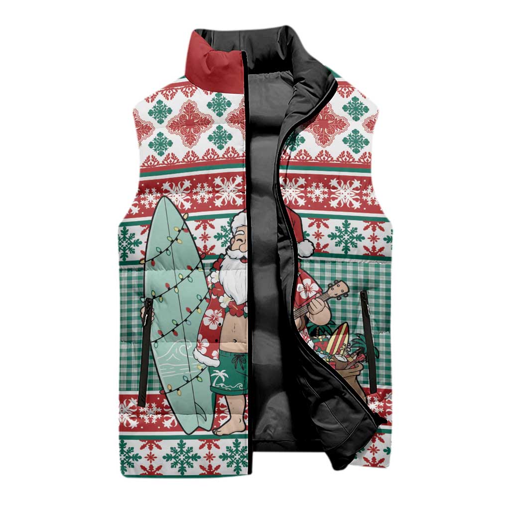 Hawaiian Funny Santa Surf Sleeveless Puffer Jacket Mele Kalikimaka Palaka Quilt Pattern LT9 - Polynesian Pride