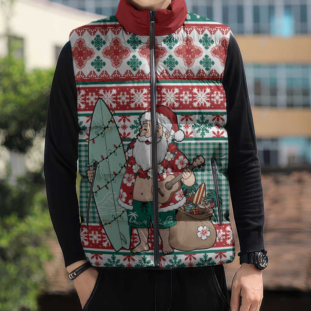 Hawaiian Funny Santa Surf Sleeveless Puffer Jacket Mele Kalikimaka Palaka Quilt Pattern LT9 - Polynesian Pride