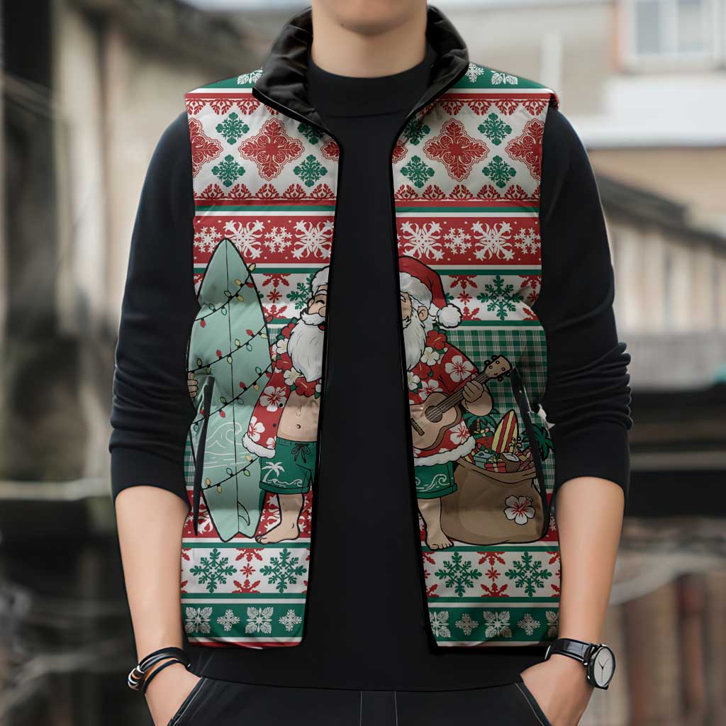 Hawaiian Funny Santa Surf Sleeveless Puffer Jacket Mele Kalikimaka Palaka Quilt Pattern LT9 - Polynesian Pride