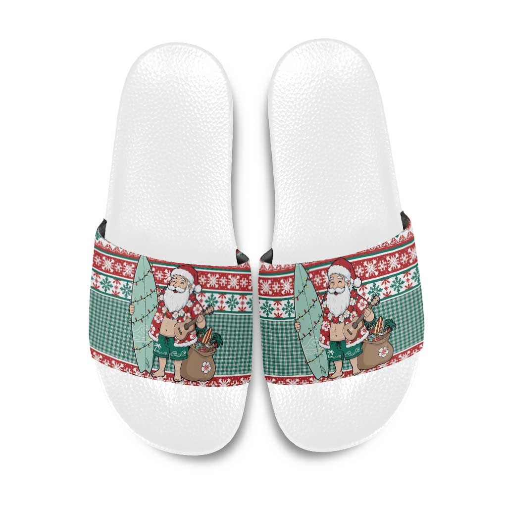 Hawaiian Funny Santa Surf Slide Sandals Mele Kalikimaka Palaka Quilt Pattern LT9 Green - Polynesian Pride