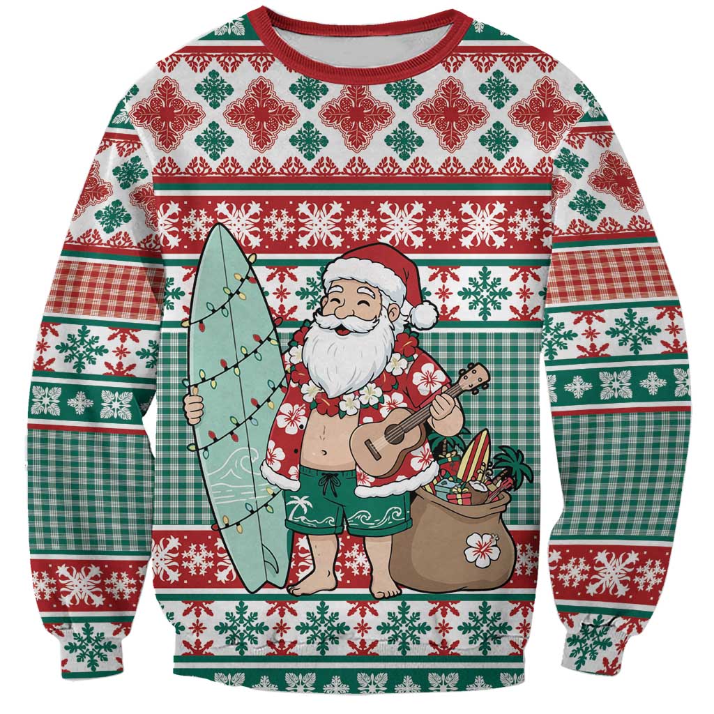 Hawaiian Funny Santa Surf Sweatshirt Mele Kalikimaka Palaka Quilt Pattern LT9 Unisex Green - Polynesian Pride