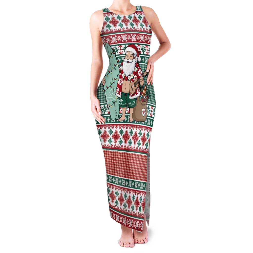 Hawaiian Funny Santa Surf Tank Maxi Dress Mele Kalikimaka Palaka Quilt Pattern LT9 Women Green - Polynesian Pride