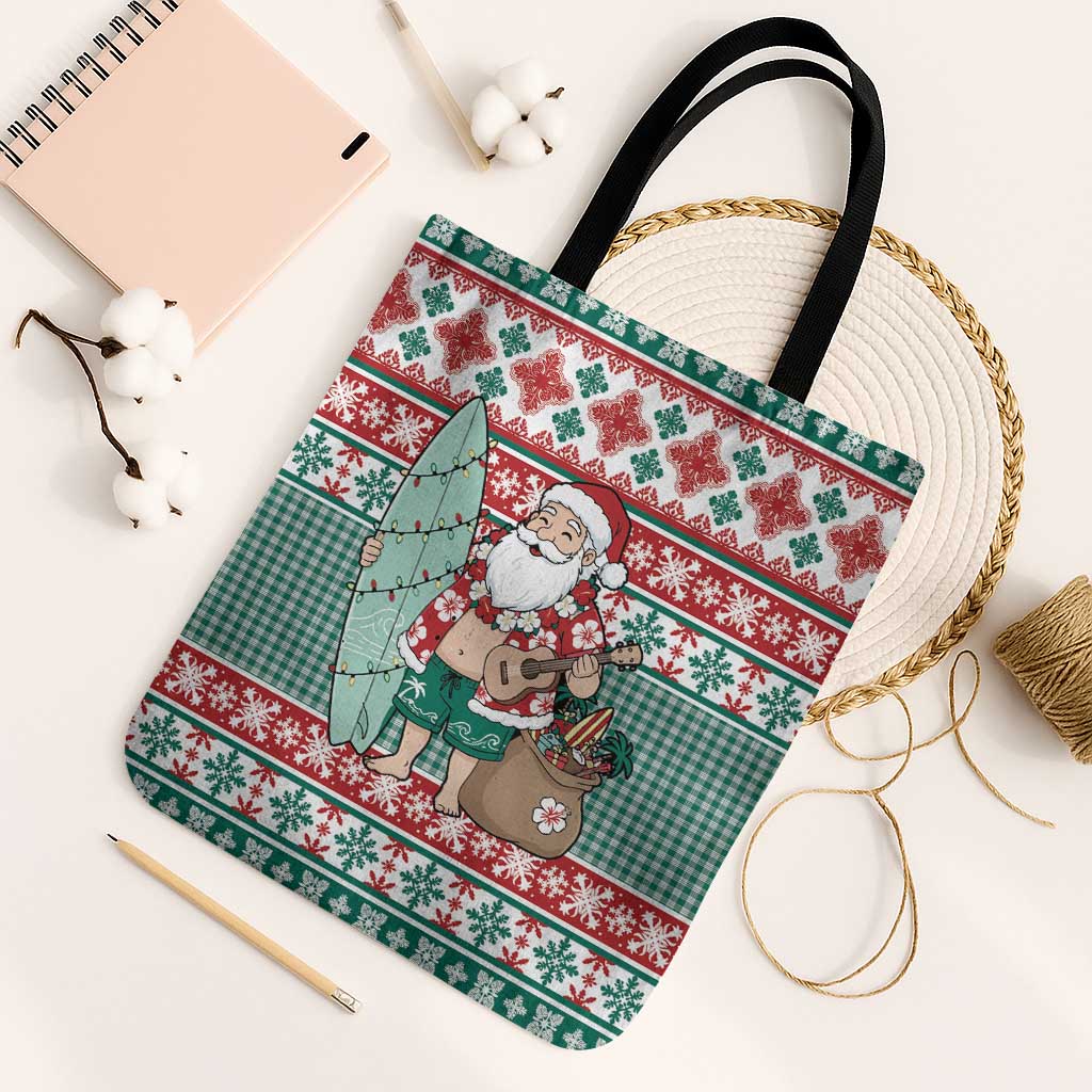 Hawaiian Funny Santa Surf Tote Bag Mele Kalikimaka Palaka Quilt Pattern LT9 Black Strap One Size Green - Polynesian Pride