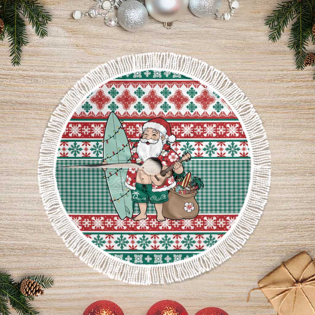 Hawaiian Funny Santa Surf Tree Skirt Mele Kalikimaka Palaka Quilt Pattern LT9 Fringed Green - Polynesian Pride