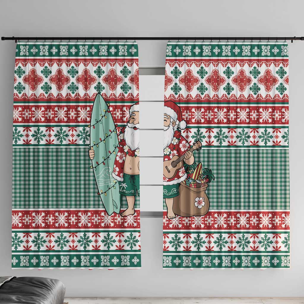 Hawaiian Funny Santa Surf Window Curtain Mele Kalikimaka Palaka Quilt Pattern LT9 With Hooks Green - Polynesian Pride